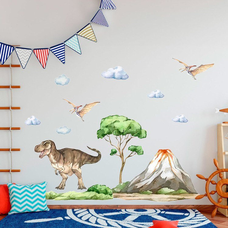 Kinderzimmer Wandtattoo: Dinosaurier auf Jurassic-Abenteuer mit Wolken und 