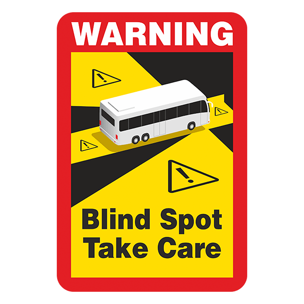 Aufkleber: Warning, Blind Spot Take Care Bus