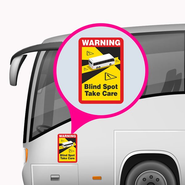 Aufkleber: Warning, Blind Spot Take Care Bus