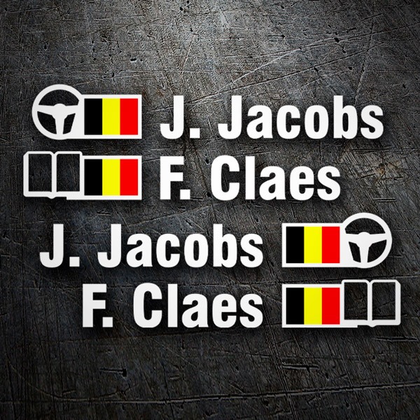 Aufkleber: Name und belgische Rallye-Flagge